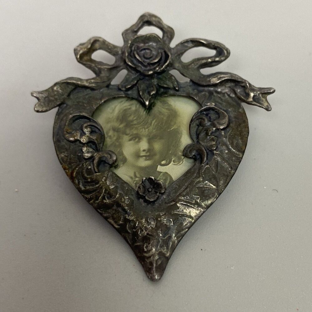 Vintage Pewter Heart Photo Frame Brooch Pin Rose Bow Victorian Revival Jewelry